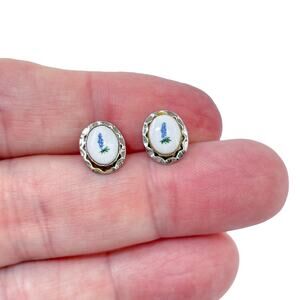 Vintage Sterling Silver 925 Blue Flower Porcelain Stud Earrings